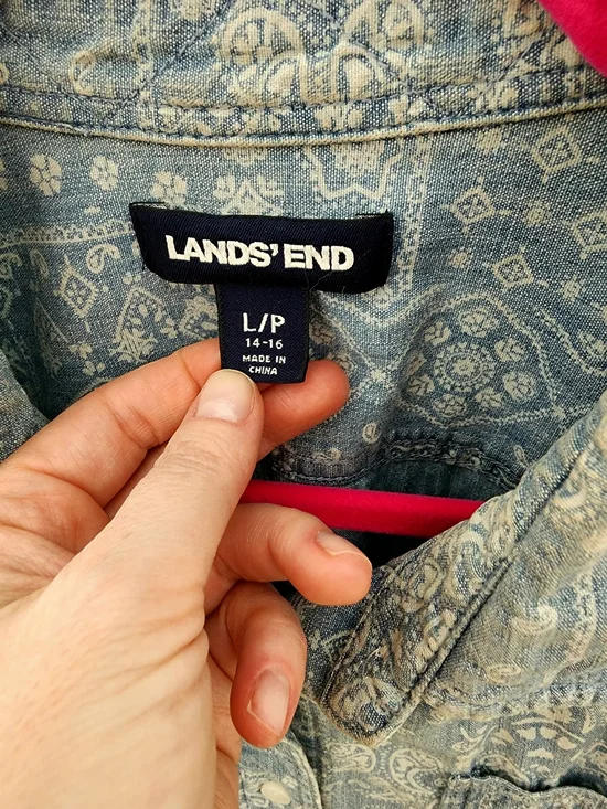 Lands End Denim Shirt L Petite Paisley Bandana Print Oversized Western Boho - Picture 2 of 7